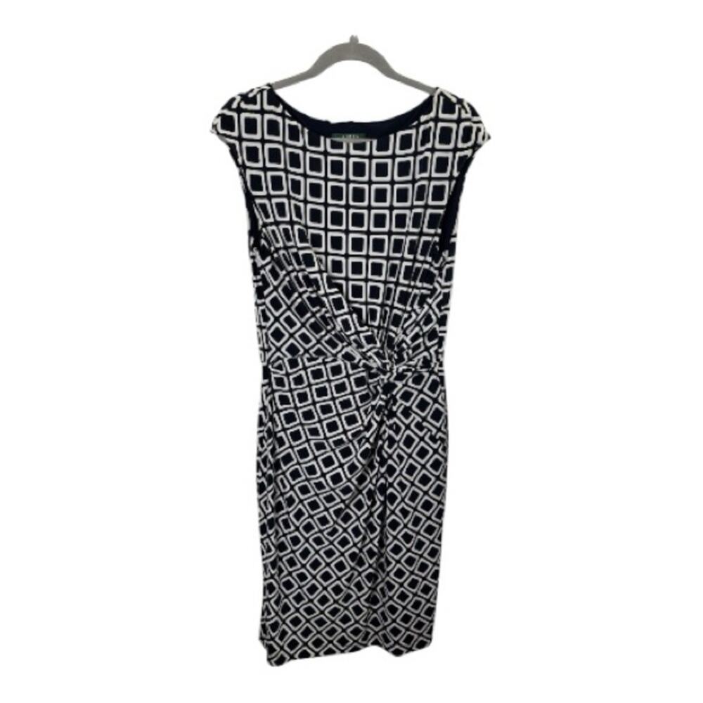 Ralph Lauren Navy Blue & White Draped Print Dress 14